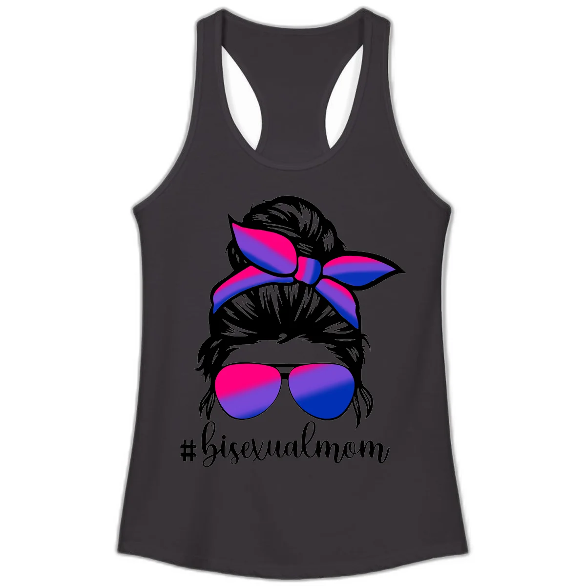 Bisexual mom pride illustration featuring a silhouette with cat ears, bow, and aviator sunglasses in pink, purple, and blue colors with #bisexualmom text in Black
