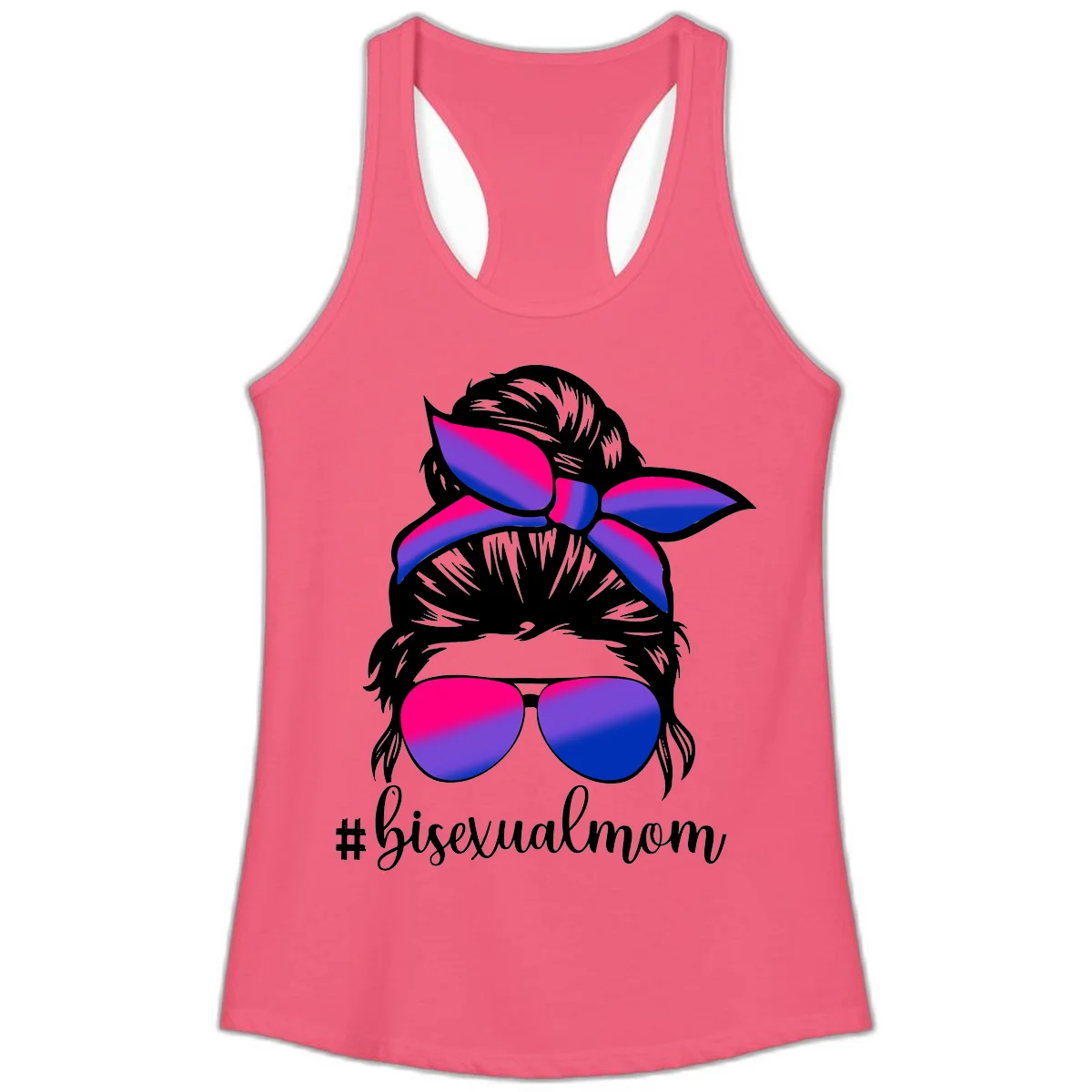 Bisexual mom pride illustration featuring a silhouette with cat ears, bow, and aviator sunglasses in pink, purple, and blue colors with #bisexualmom text in Hot Pink