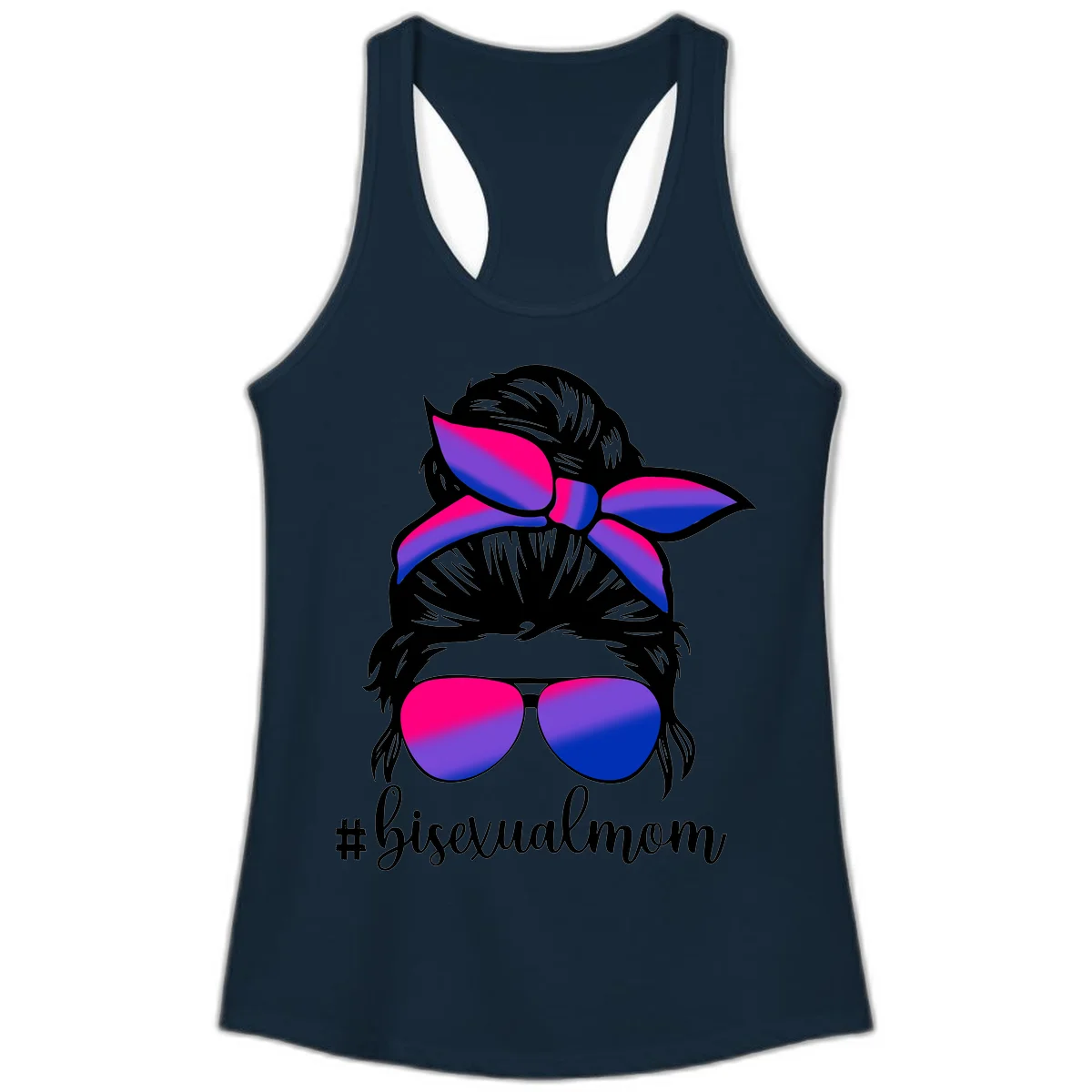 Bisexual mom pride illustration featuring a silhouette with cat ears, bow, and aviator sunglasses in pink, purple, and blue colors with #bisexualmom text in Solid Midnight Navy