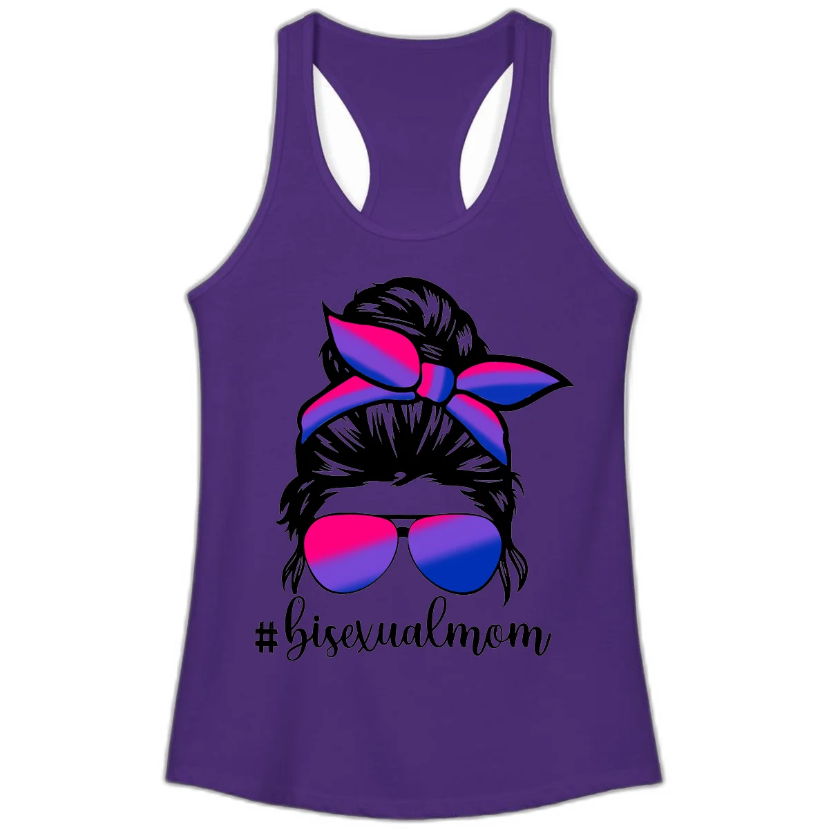 Bisexual mom pride illustration featuring a silhouette with cat ears, bow, and aviator sunglasses in pink, purple, and blue colors with #bisexualmom text in Solid Purple Rush