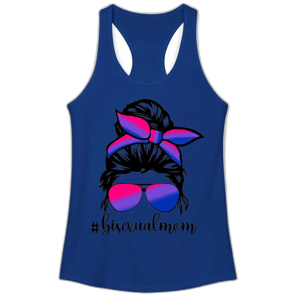 Bisexual mom pride illustration featuring a silhouette with cat ears, bow, and aviator sunglasses in pink, purple, and blue colors with #bisexualmom text in Solid Royal