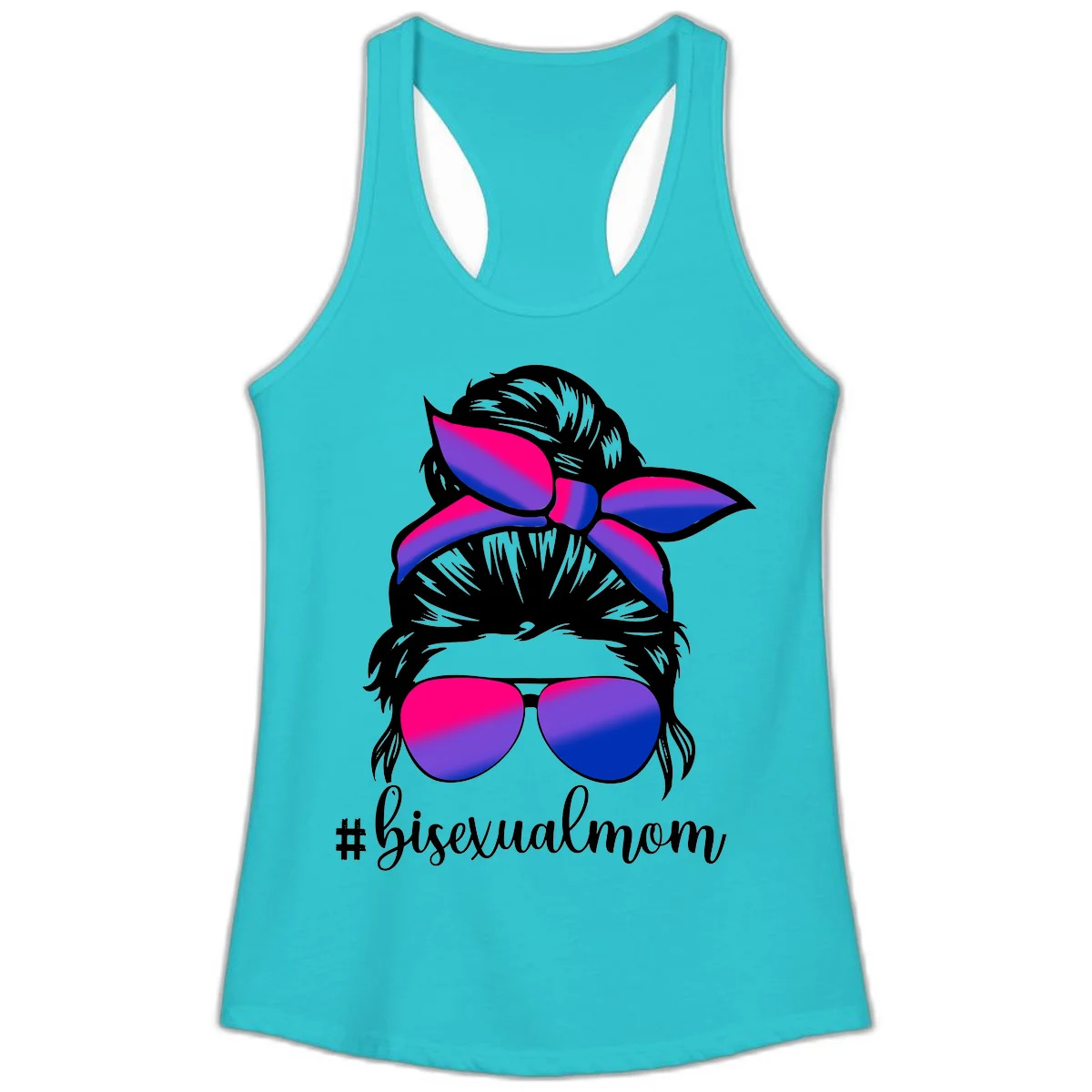 Bisexual mom pride illustration featuring a silhouette with cat ears, bow, and aviator sunglasses in pink, purple, and blue colors with #bisexualmom text in Solid Tahiti Blue