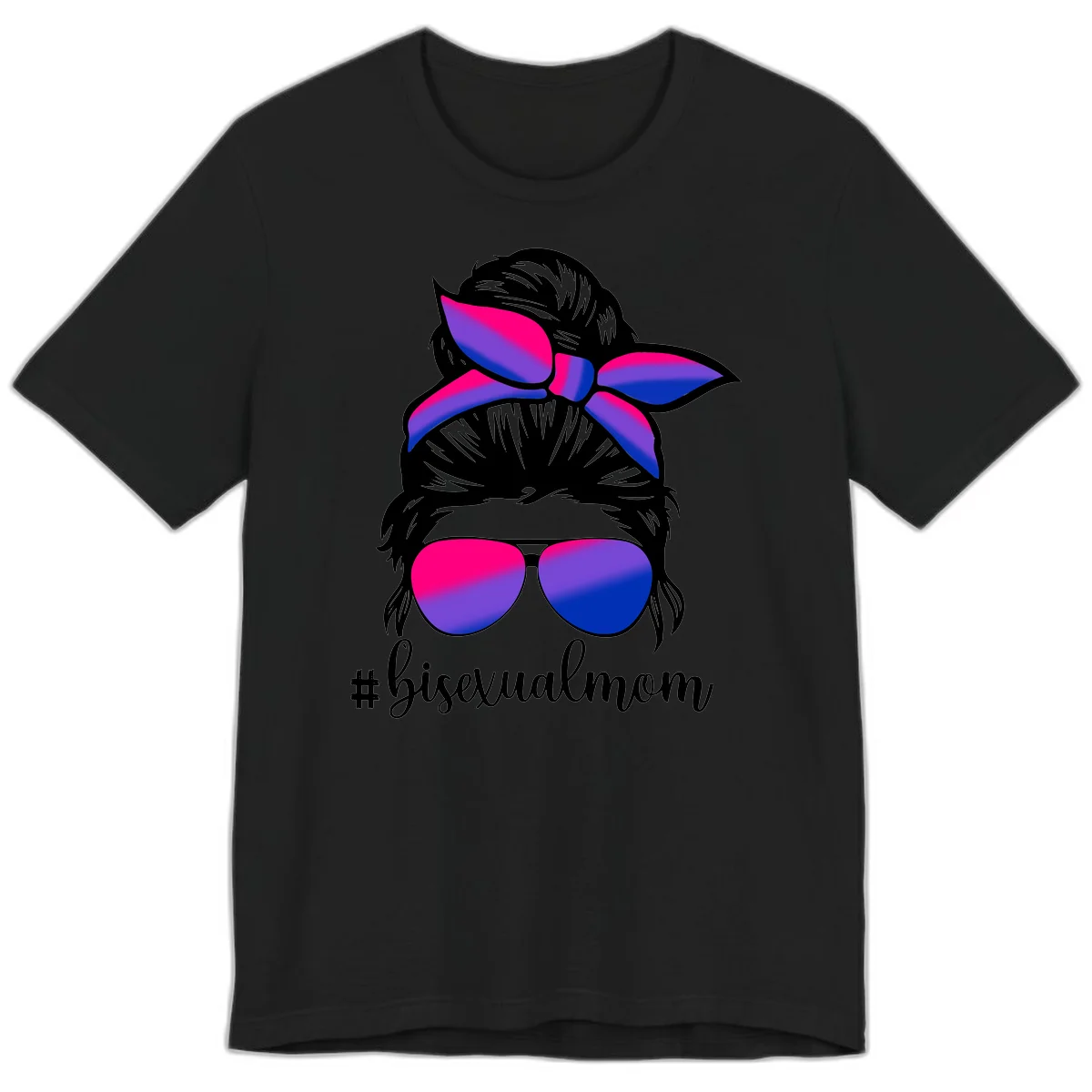 Bisexual mom pride illustration featuring a silhouette with cat ears, bow, and aviator sunglasses in pink, purple, and blue colors with #bisexualmom text in Black