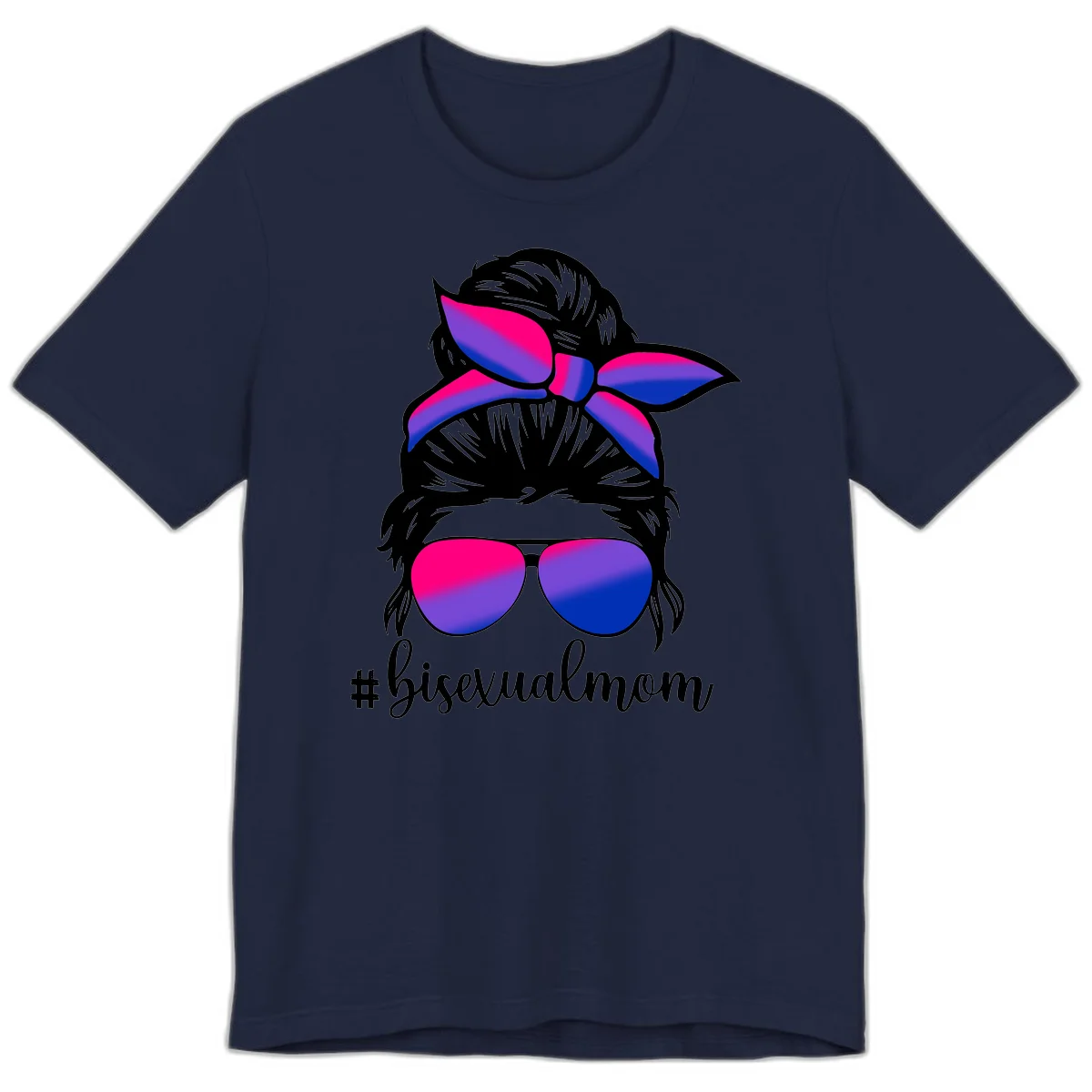 Bisexual mom pride illustration featuring a silhouette with cat ears, bow, and aviator sunglasses in pink, purple, and blue colors with #bisexualmom text in Navy