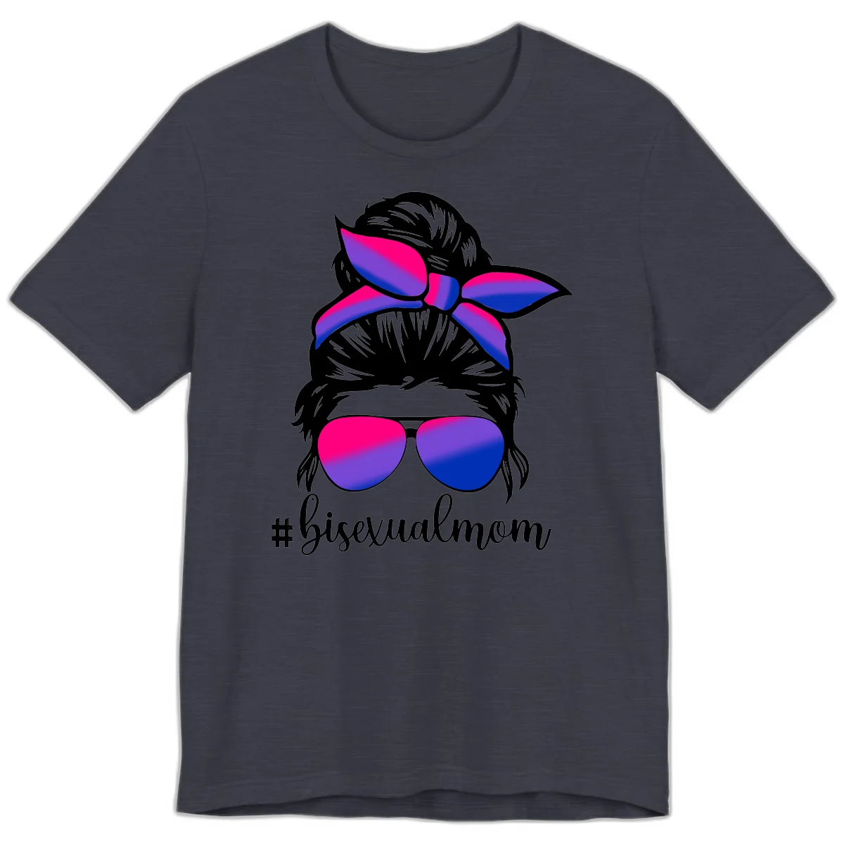 Bisexual mom pride illustration featuring a silhouette with cat ears, bow, and aviator sunglasses in pink, purple, and blue colors with #bisexualmom text in Heather Midnight Navy