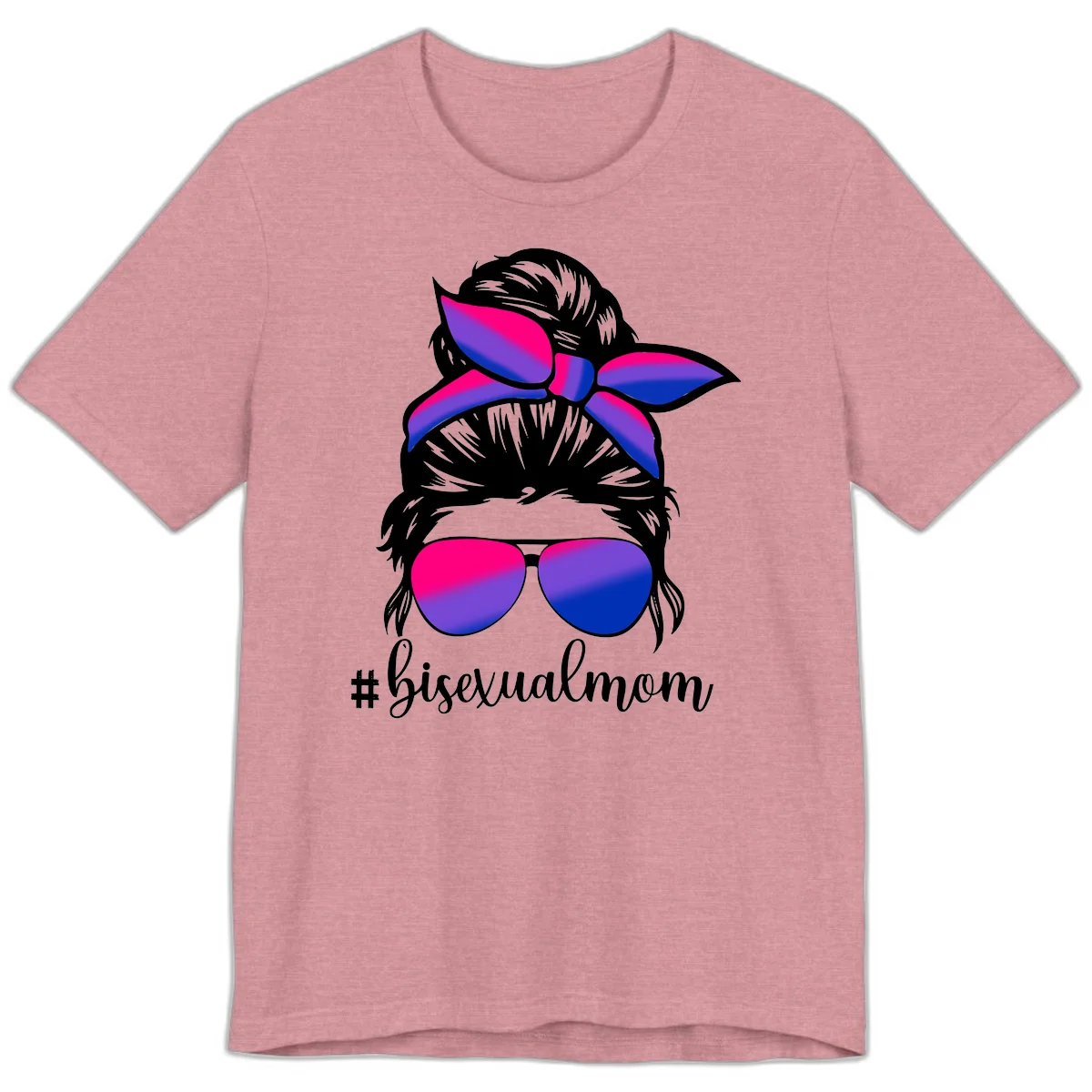 Bisexual mom pride illustration featuring a silhouette with cat ears, bow, and aviator sunglasses in pink, purple, and blue colors with #bisexualmom text in Heather Orchid