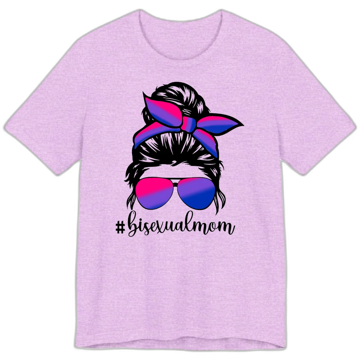 Bisexual mom pride illustration featuring a silhouette with cat ears, bow, and aviator sunglasses in pink, purple, and blue colors with #bisexualmom text in Heather Prism Lilac