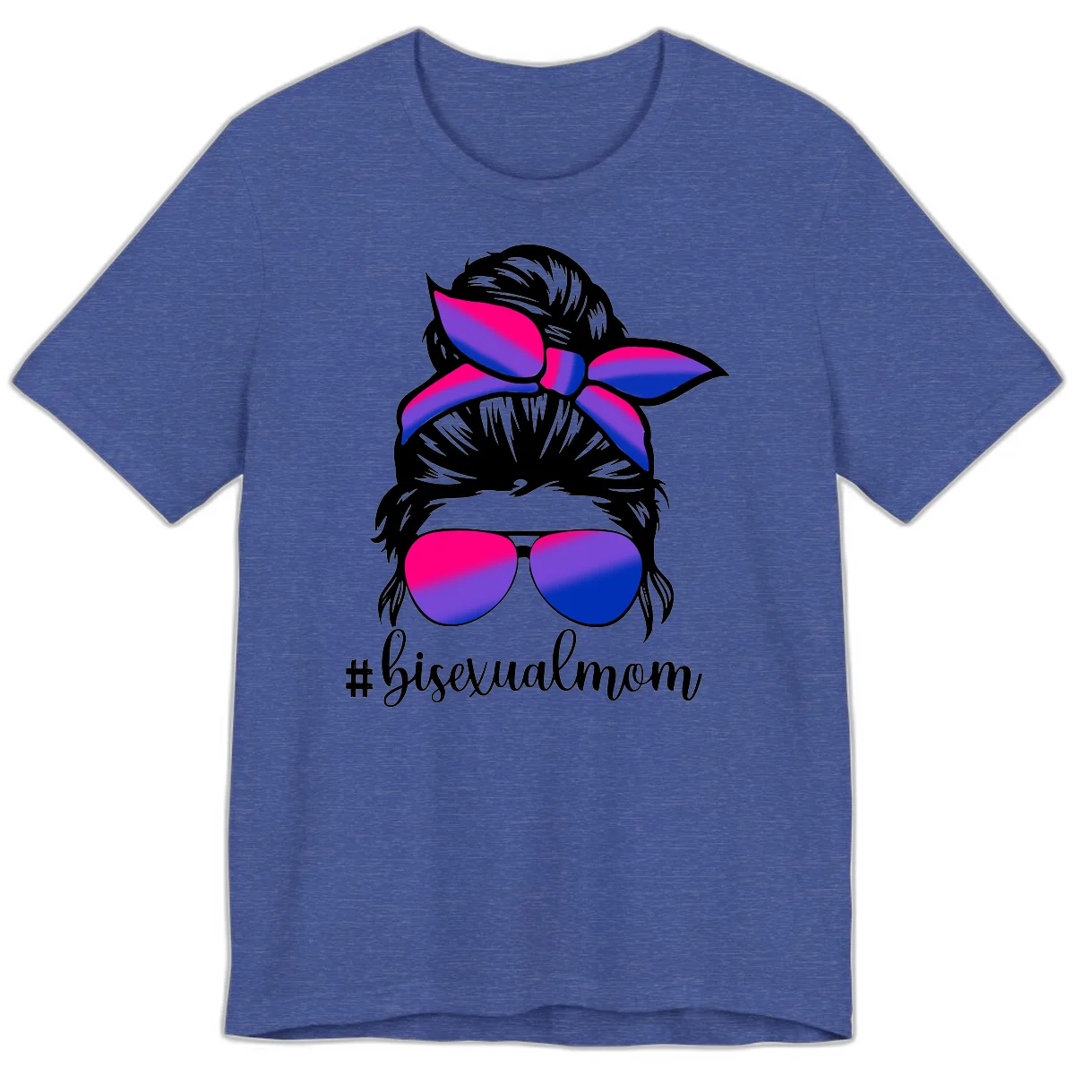 Bisexual mom pride illustration featuring a silhouette with cat ears, bow, and aviator sunglasses in pink, purple, and blue colors with #bisexualmom text in Heather True Royal