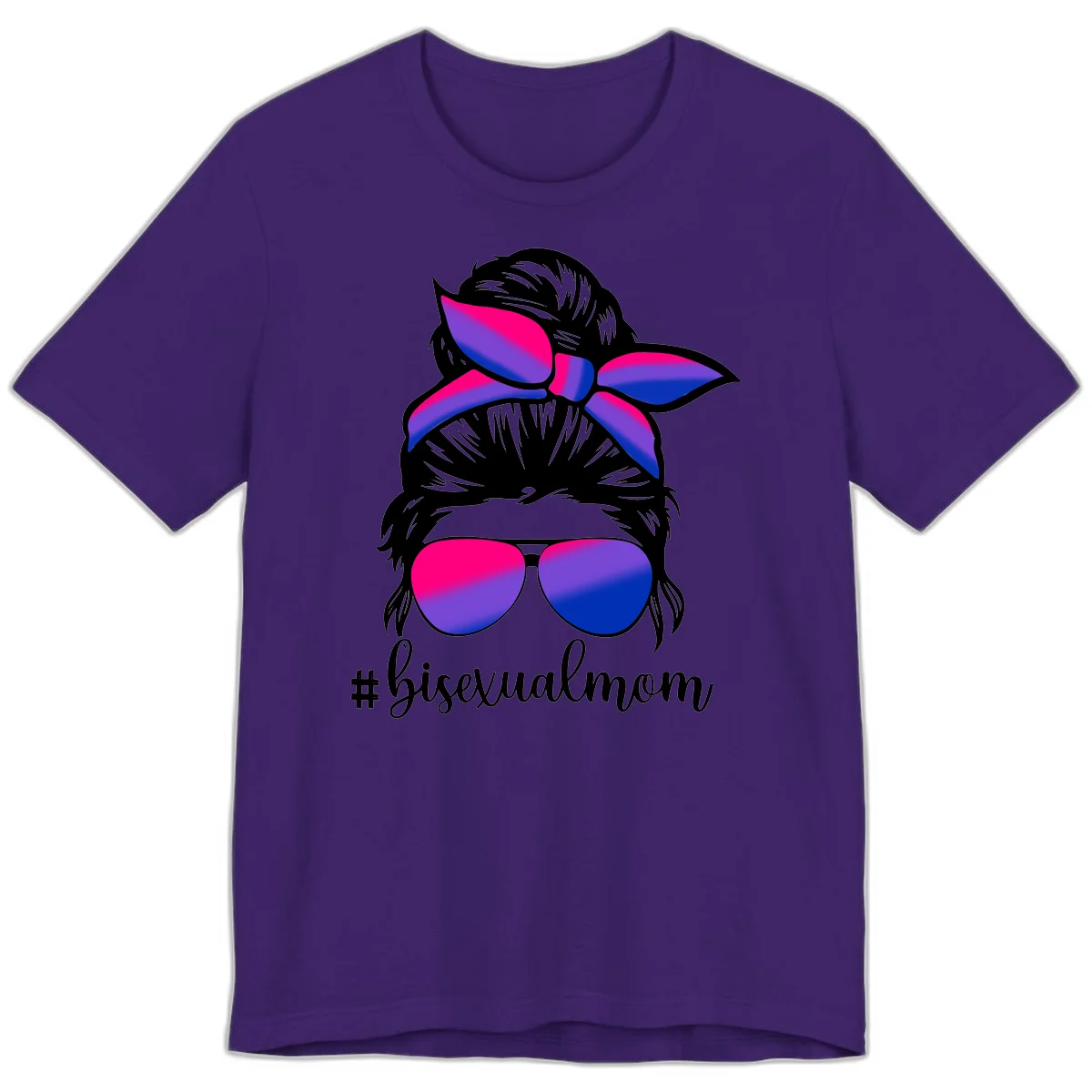 Bisexual mom pride illustration featuring a silhouette with cat ears, bow, and aviator sunglasses in pink, purple, and blue colors with #bisexualmom text in Team Purple