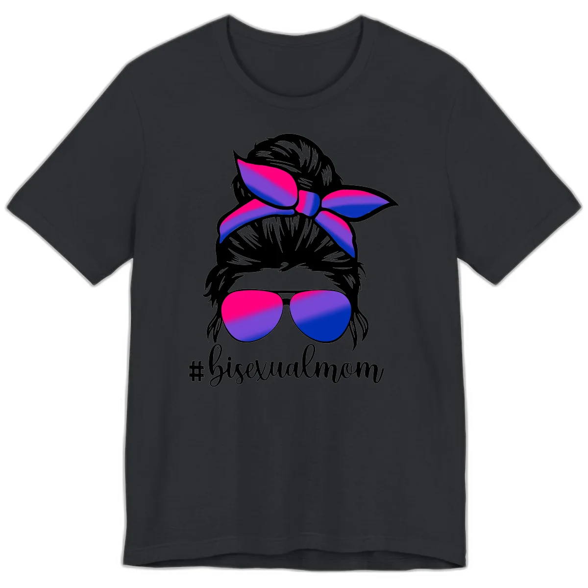 Bisexual mom pride illustration featuring a silhouette with cat ears, bow, and aviator sunglasses in pink, purple, and blue colors with #bisexualmom text in Vintage Black