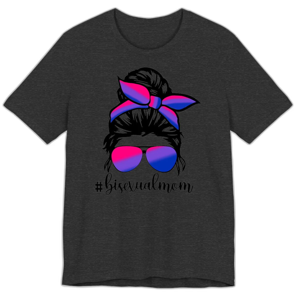 Bisexual mom pride illustration featuring a silhouette with cat ears, bow, and aviator sunglasses in pink, purple, and blue colors with #bisexualmom text in Dark Grey Heather