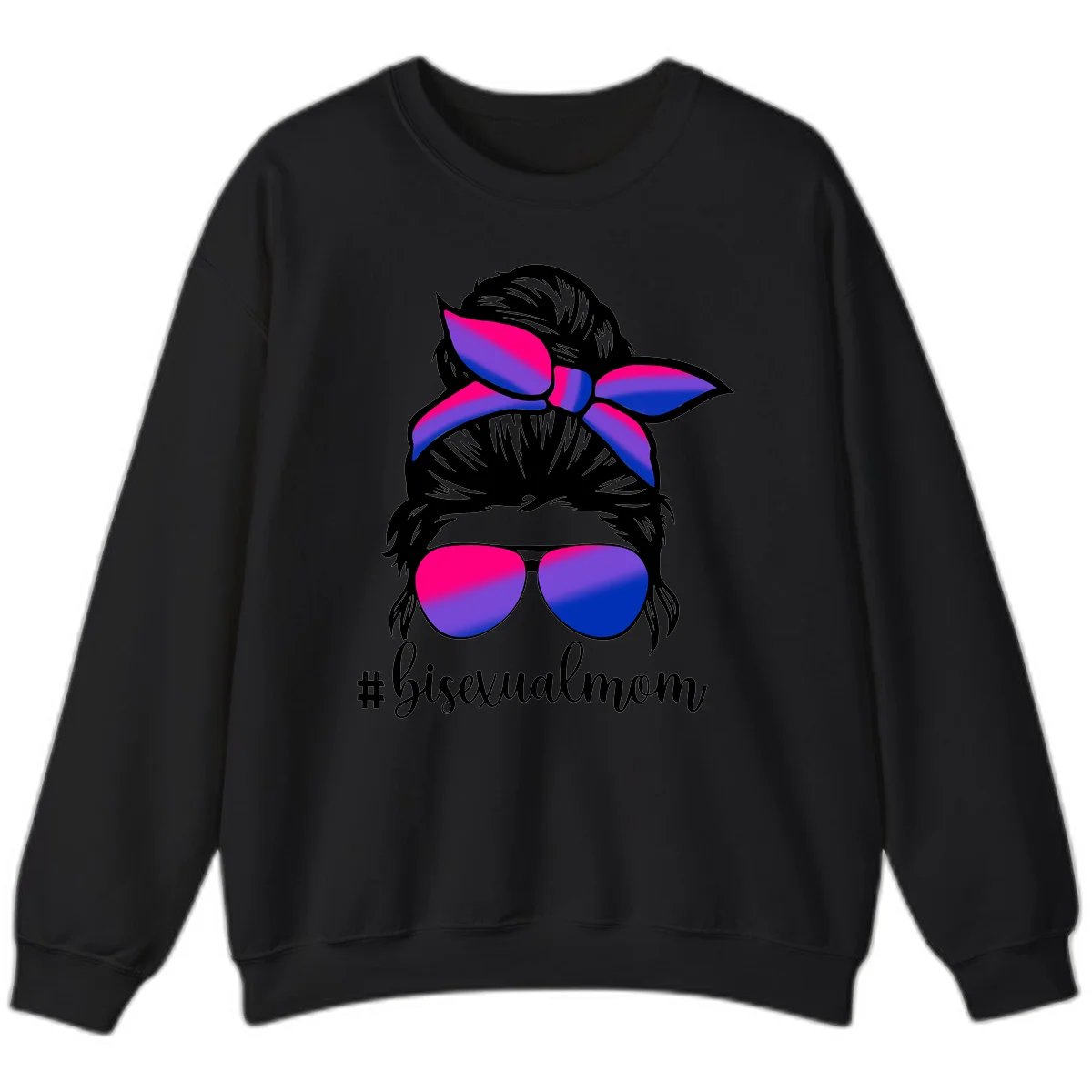 Bisexual mom pride illustration featuring a silhouette with cat ears, bow, and aviator sunglasses in pink, purple, and blue colors with #bisexualmom text in Black