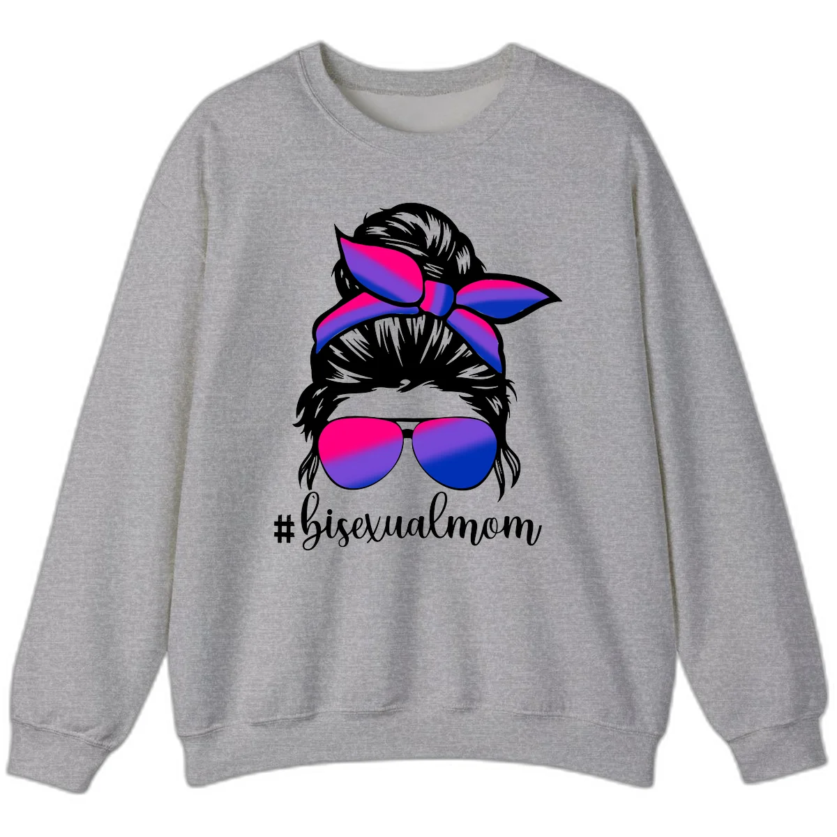 Bisexual mom pride illustration featuring a silhouette with cat ears, bow, and aviator sunglasses in pink, purple, and blue colors with #bisexualmom text in Sport Grey