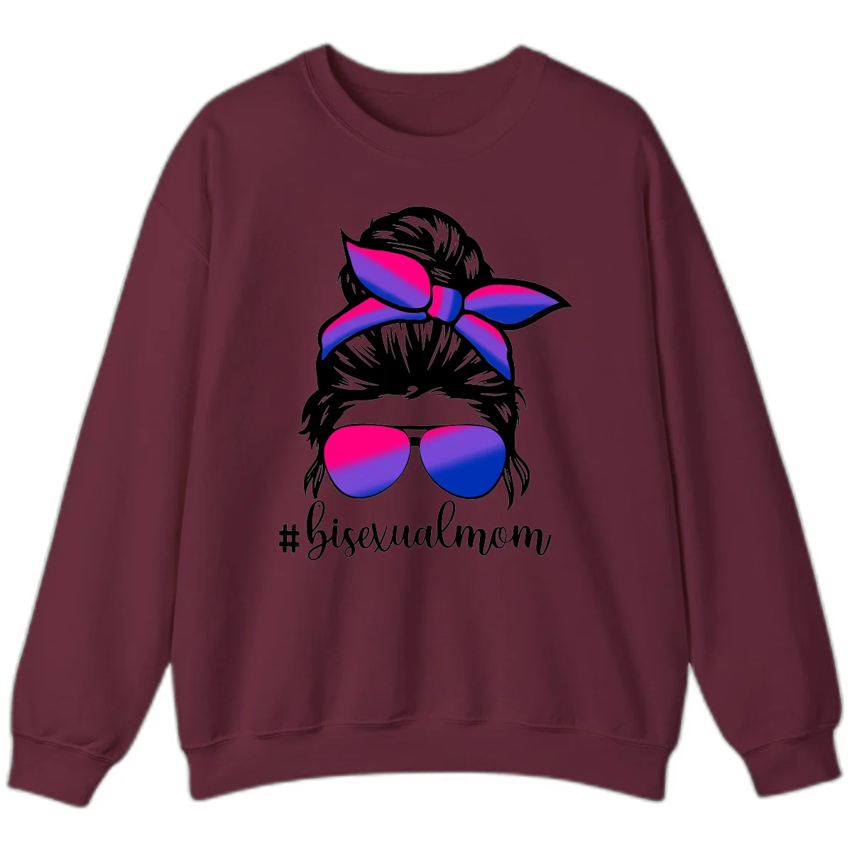 Bisexual mom pride illustration featuring a silhouette with cat ears, bow, and aviator sunglasses in pink, purple, and blue colors with #bisexualmom text in Maroon