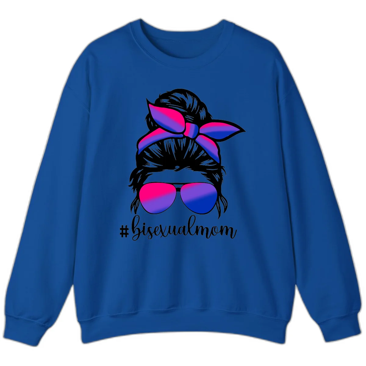 Bisexual mom pride illustration featuring a silhouette with cat ears, bow, and aviator sunglasses in pink, purple, and blue colors with #bisexualmom text in Royal