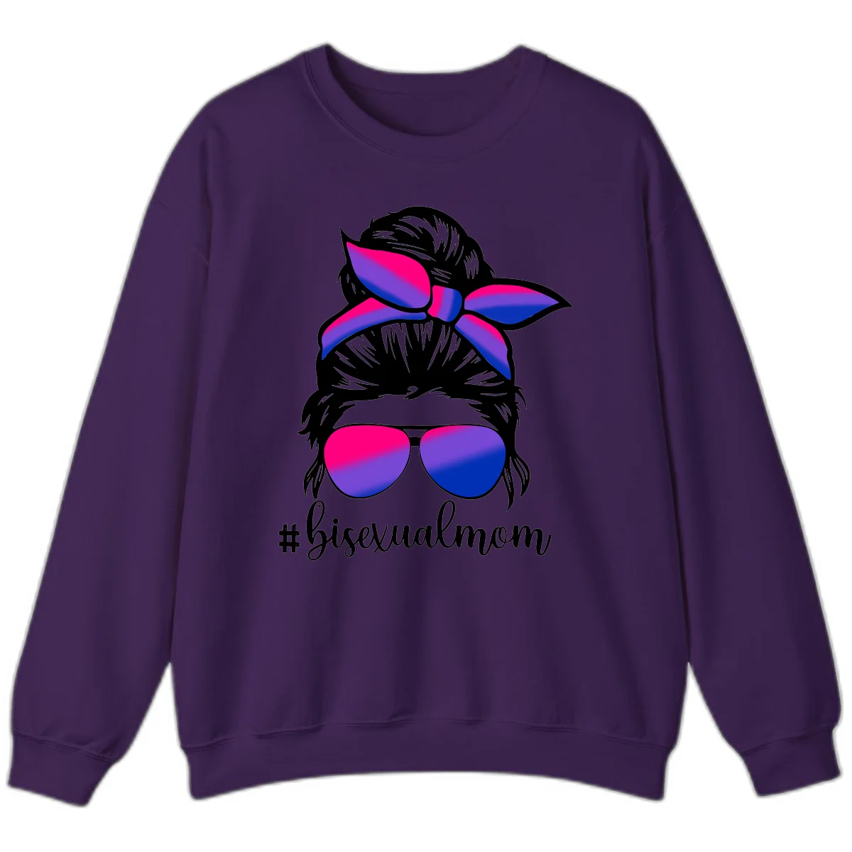 Bisexual mom pride illustration featuring a silhouette with cat ears, bow, and aviator sunglasses in pink, purple, and blue colors with #bisexualmom text in Purple