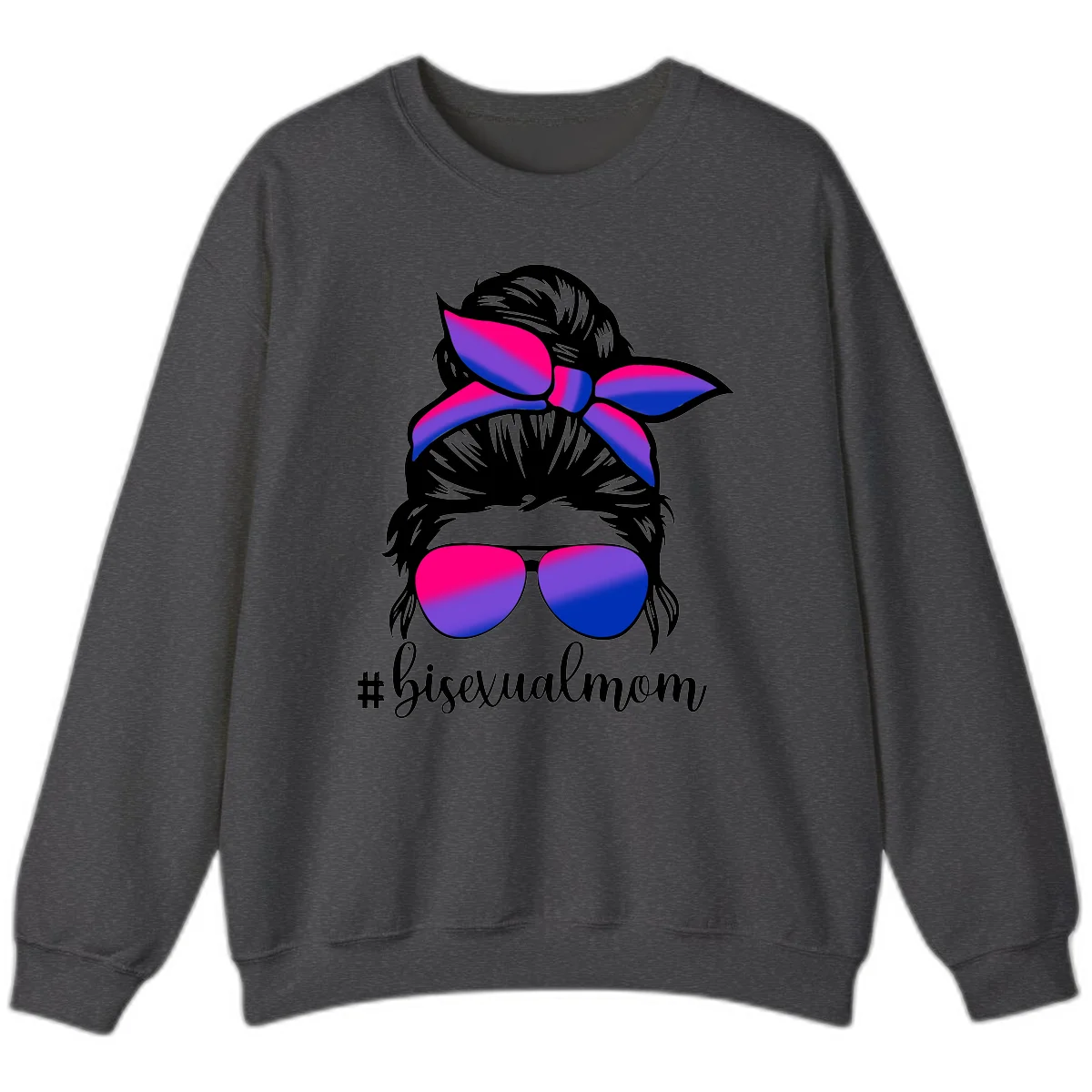 Bisexual mom pride illustration featuring a silhouette with cat ears, bow, and aviator sunglasses in pink, purple, and blue colors with #bisexualmom text in Dark Heather