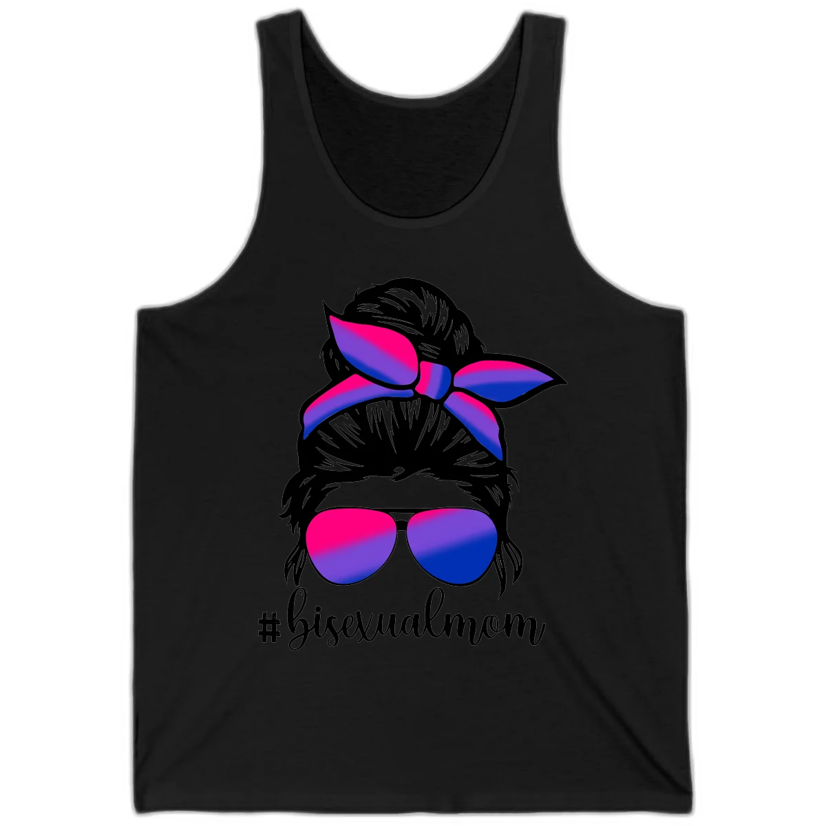 Bisexual mom pride illustration featuring a silhouette with cat ears, bow, and aviator sunglasses in pink, purple, and blue colors with #bisexualmom text in Black
