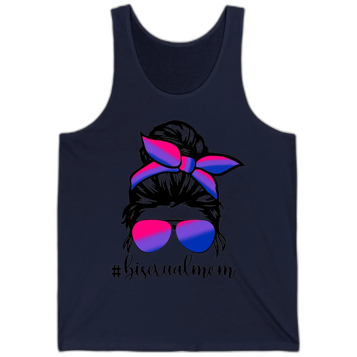 Bisexual mom pride illustration featuring a silhouette with cat ears, bow, and aviator sunglasses in pink, purple, and blue colors with #bisexualmom text in Navy