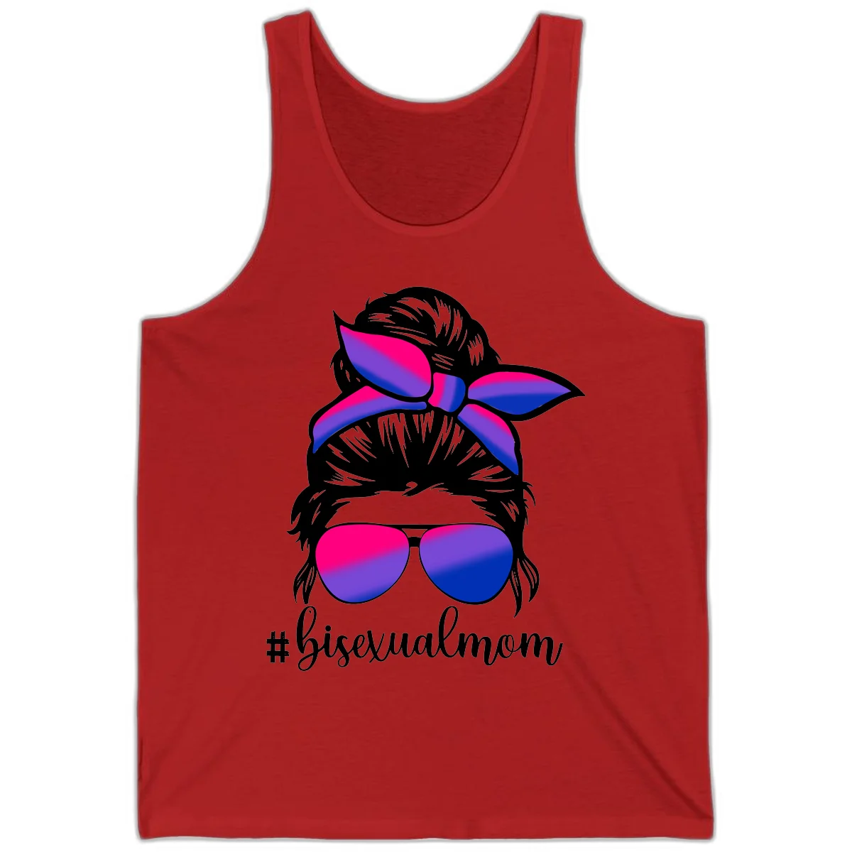 Bisexual mom pride illustration featuring a silhouette with cat ears, bow, and aviator sunglasses in pink, purple, and blue colors with #bisexualmom text in Red
