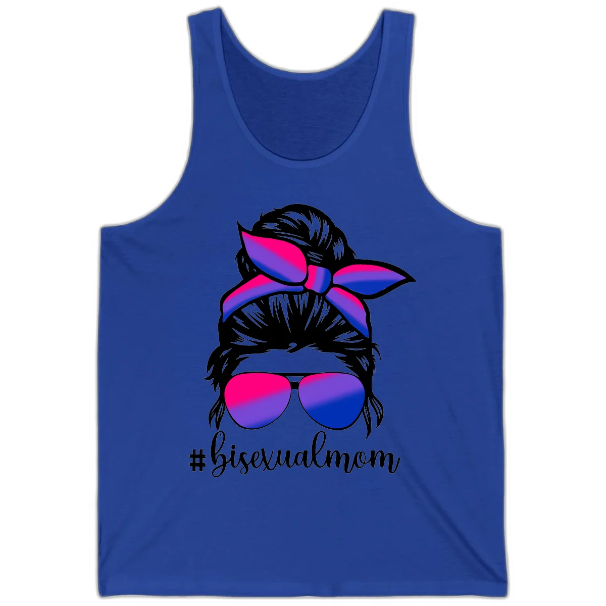 Bisexual mom pride illustration featuring a silhouette with cat ears, bow, and aviator sunglasses in pink, purple, and blue colors with #bisexualmom text in True Royal