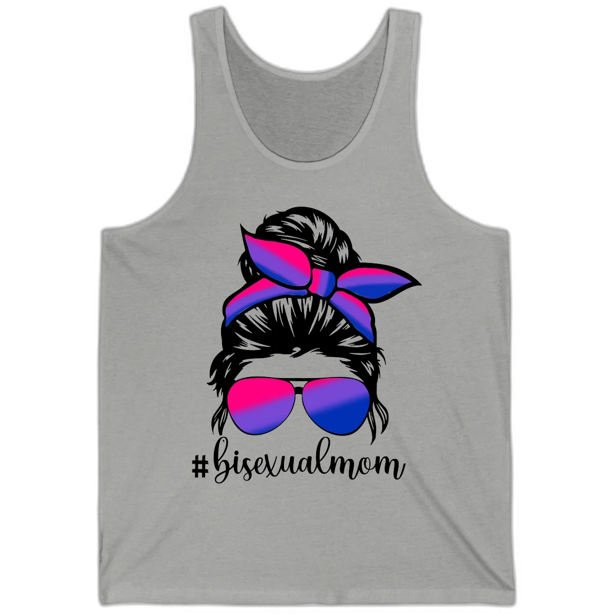 Bisexual mom pride illustration featuring a silhouette with cat ears, bow, and aviator sunglasses in pink, purple, and blue colors with #bisexualmom text in Athletic Heather