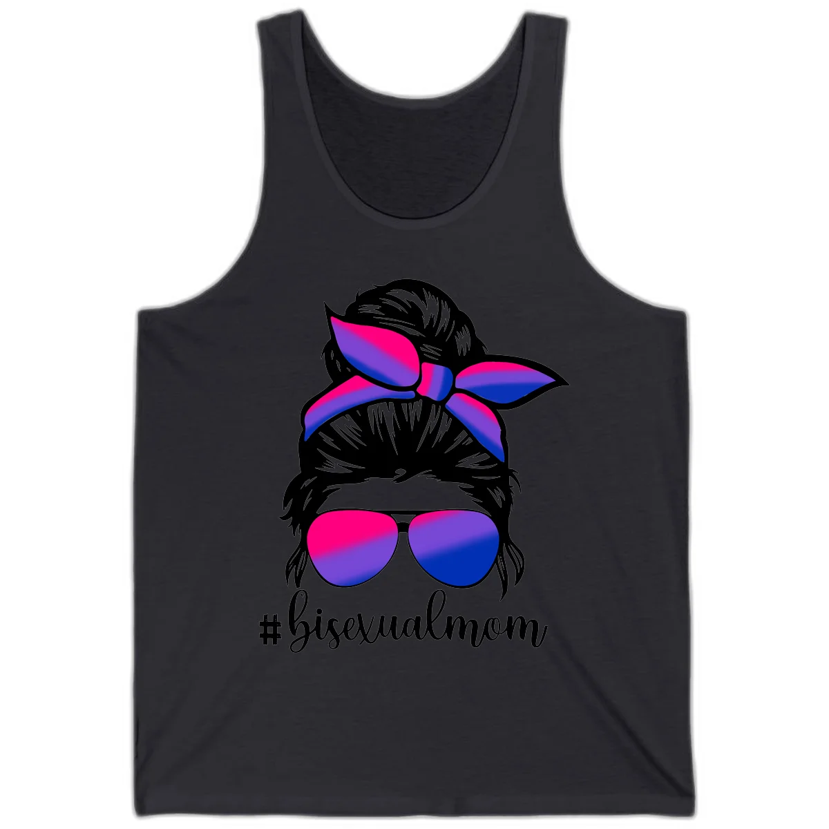 Bisexual mom pride illustration featuring a silhouette with cat ears, bow, and aviator sunglasses in pink, purple, and blue colors with #bisexualmom text in Dark Grey