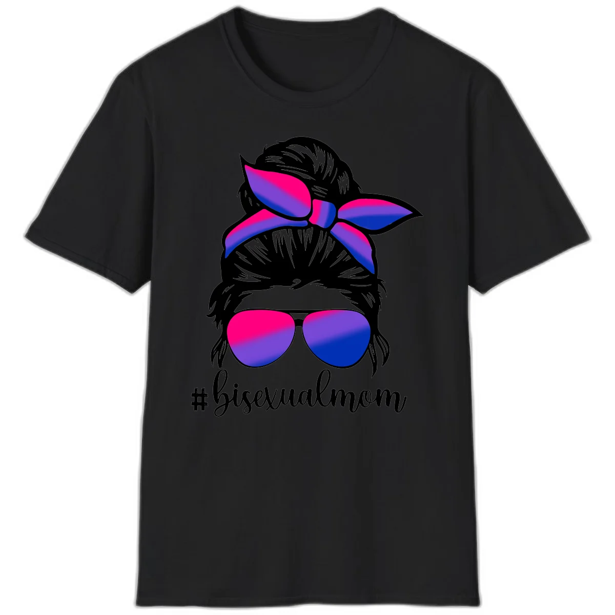 Bisexual mom pride illustration featuring a silhouette with cat ears, bow, and aviator sunglasses in pink, purple, and blue colors with #bisexualmom text in Black