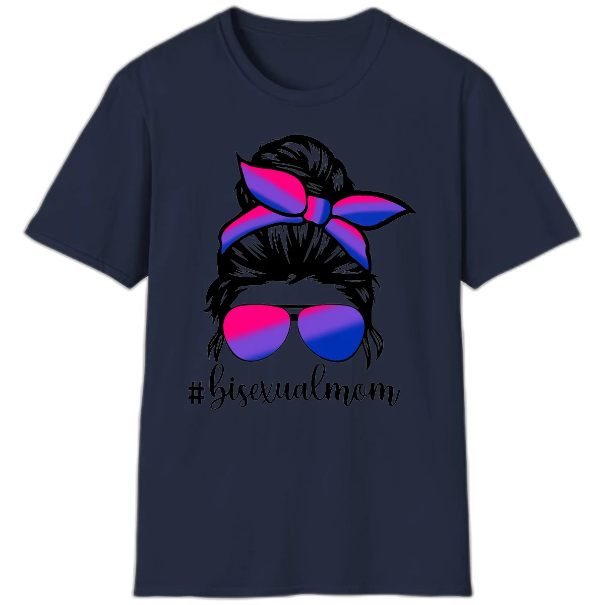 Bisexual mom pride illustration featuring a silhouette with cat ears, bow, and aviator sunglasses in pink, purple, and blue colors with #bisexualmom text in Navy