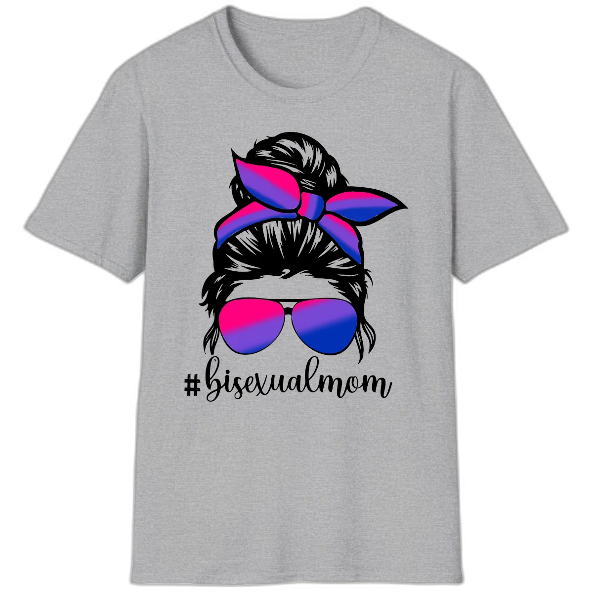 Bisexual mom pride illustration featuring a silhouette with cat ears, bow, and aviator sunglasses in pink, purple, and blue colors with #bisexualmom text in Sport Grey