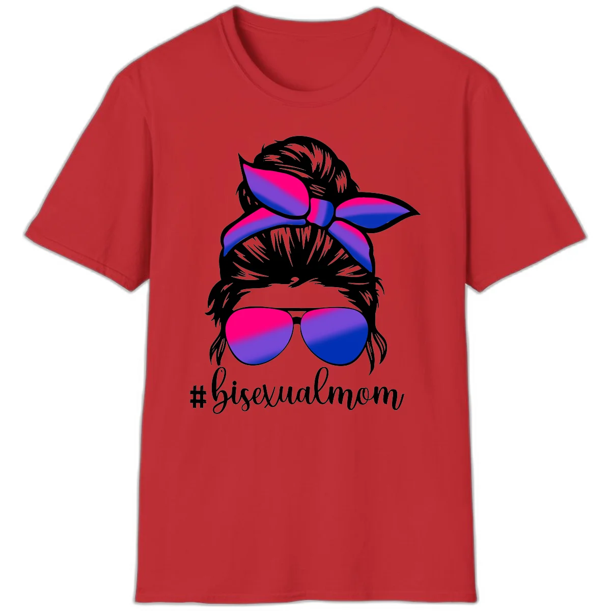Bisexual mom pride illustration featuring a silhouette with cat ears, bow, and aviator sunglasses in pink, purple, and blue colors with #bisexualmom text in Red