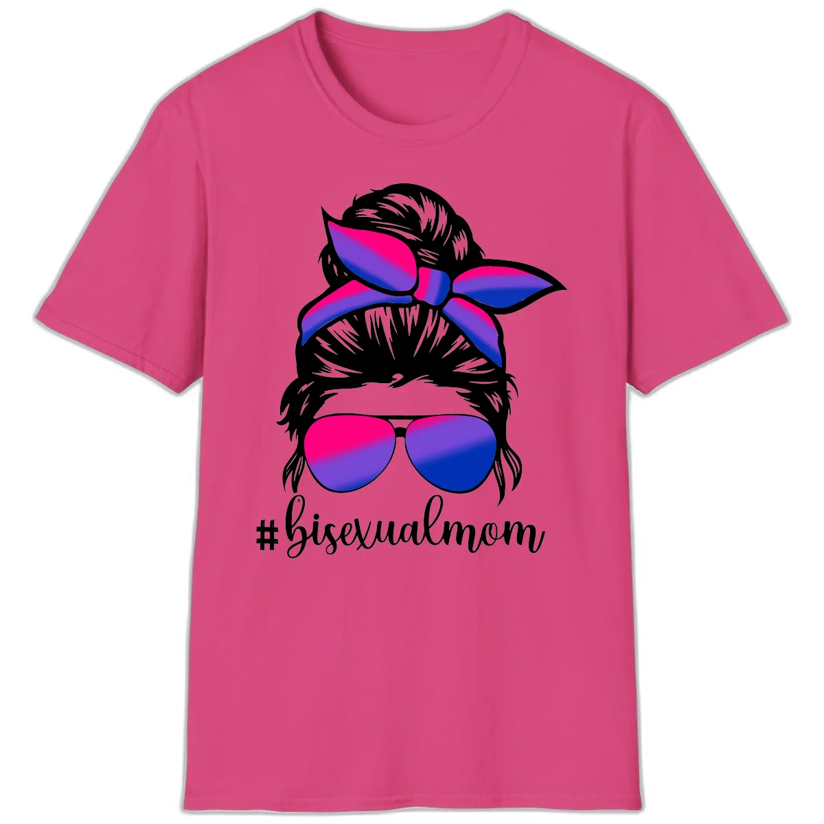 Bisexual mom pride illustration featuring a silhouette with cat ears, bow, and aviator sunglasses in pink, purple, and blue colors with #bisexualmom text in Heliconia