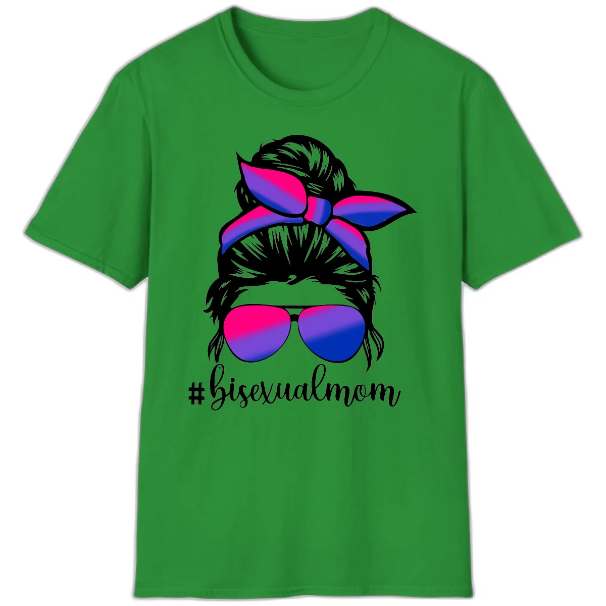 Bisexual mom pride illustration featuring a silhouette with cat ears, bow, and aviator sunglasses in pink, purple, and blue colors with #bisexualmom text in Irish Green