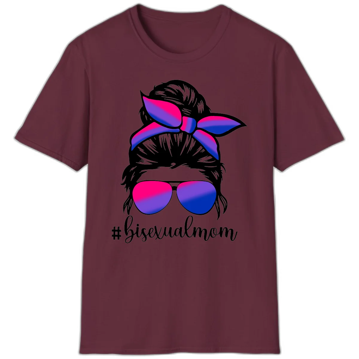 Bisexual mom pride illustration featuring a silhouette with cat ears, bow, and aviator sunglasses in pink, purple, and blue colors with #bisexualmom text in Maroon