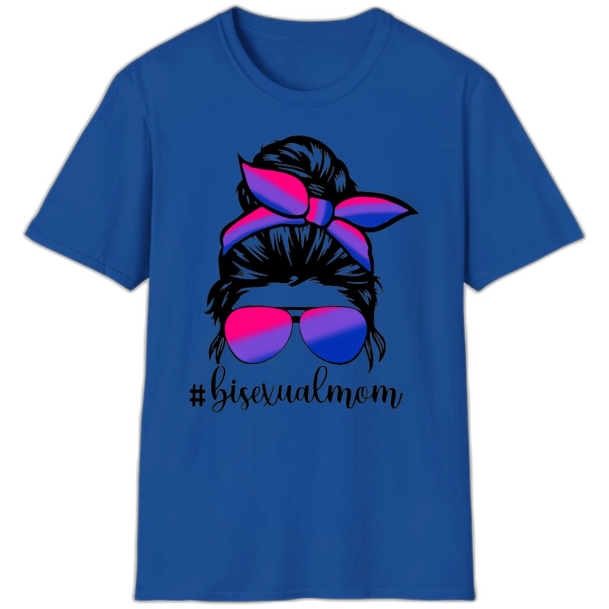 Bisexual mom pride illustration featuring a silhouette with cat ears, bow, and aviator sunglasses in pink, purple, and blue colors with #bisexualmom text in Royal