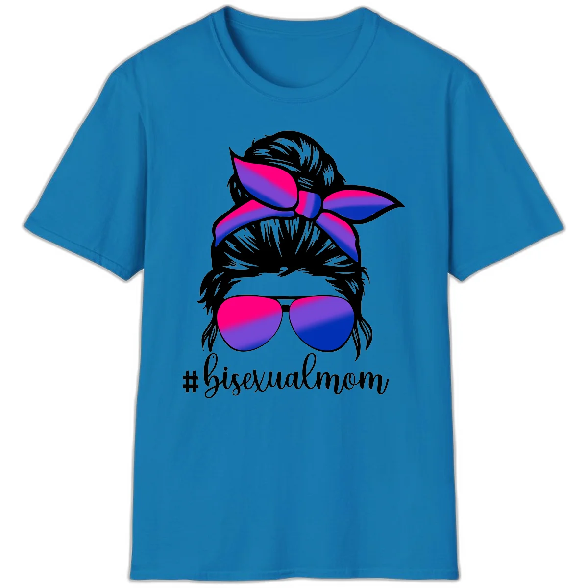 Bisexual mom pride illustration featuring a silhouette with cat ears, bow, and aviator sunglasses in pink, purple, and blue colors with #bisexualmom text in Sapphire