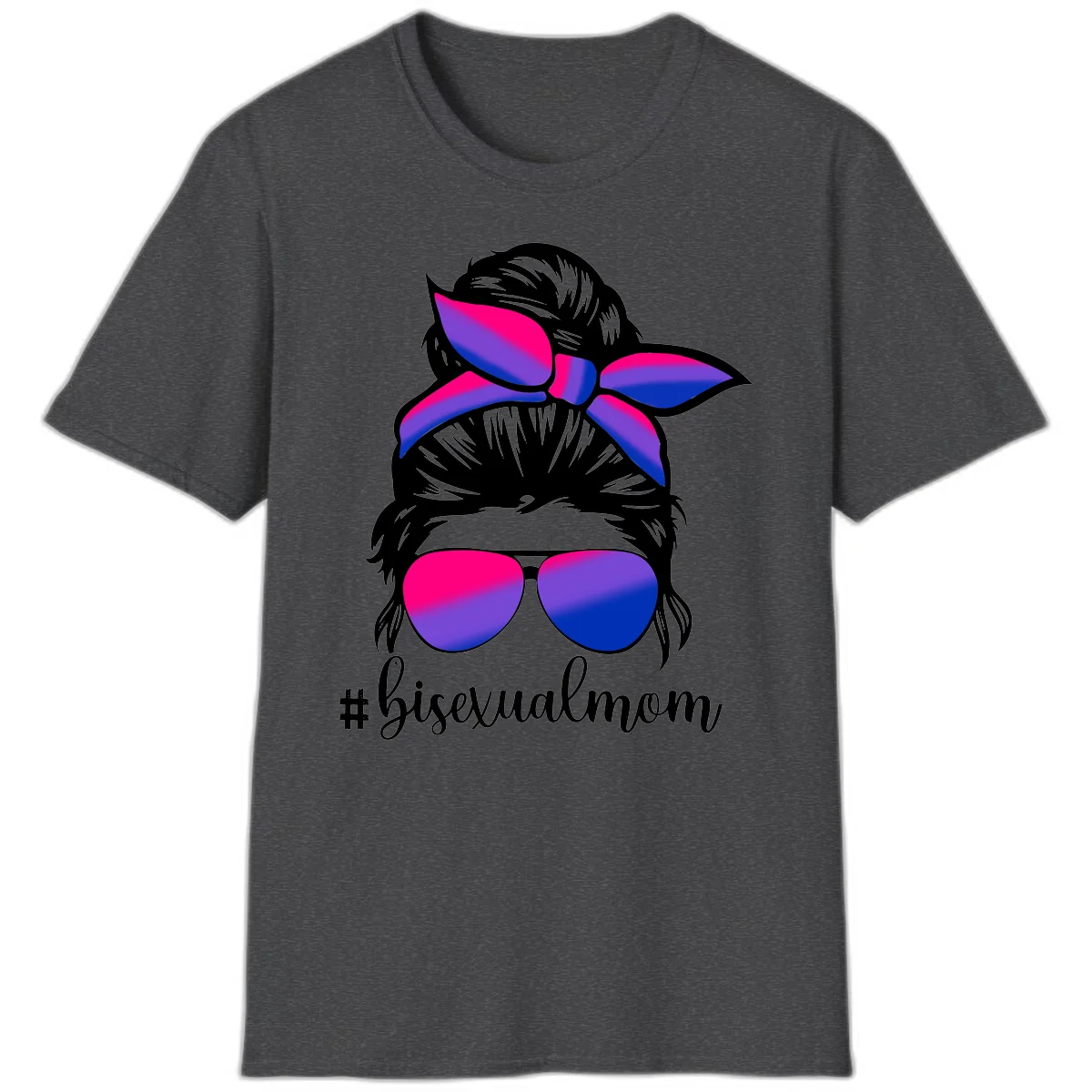 Bisexual mom pride illustration featuring a silhouette with cat ears, bow, and aviator sunglasses in pink, purple, and blue colors with #bisexualmom text in Dark Heather