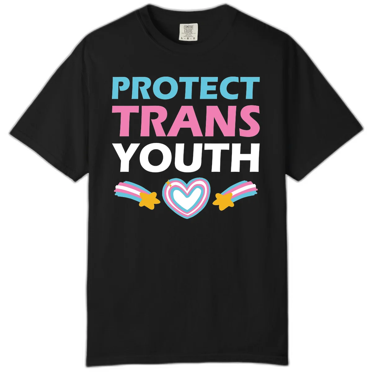 Protect trans youth design with cyan, pink, and white text, rainbow heart, and gold stars on gray background in Black