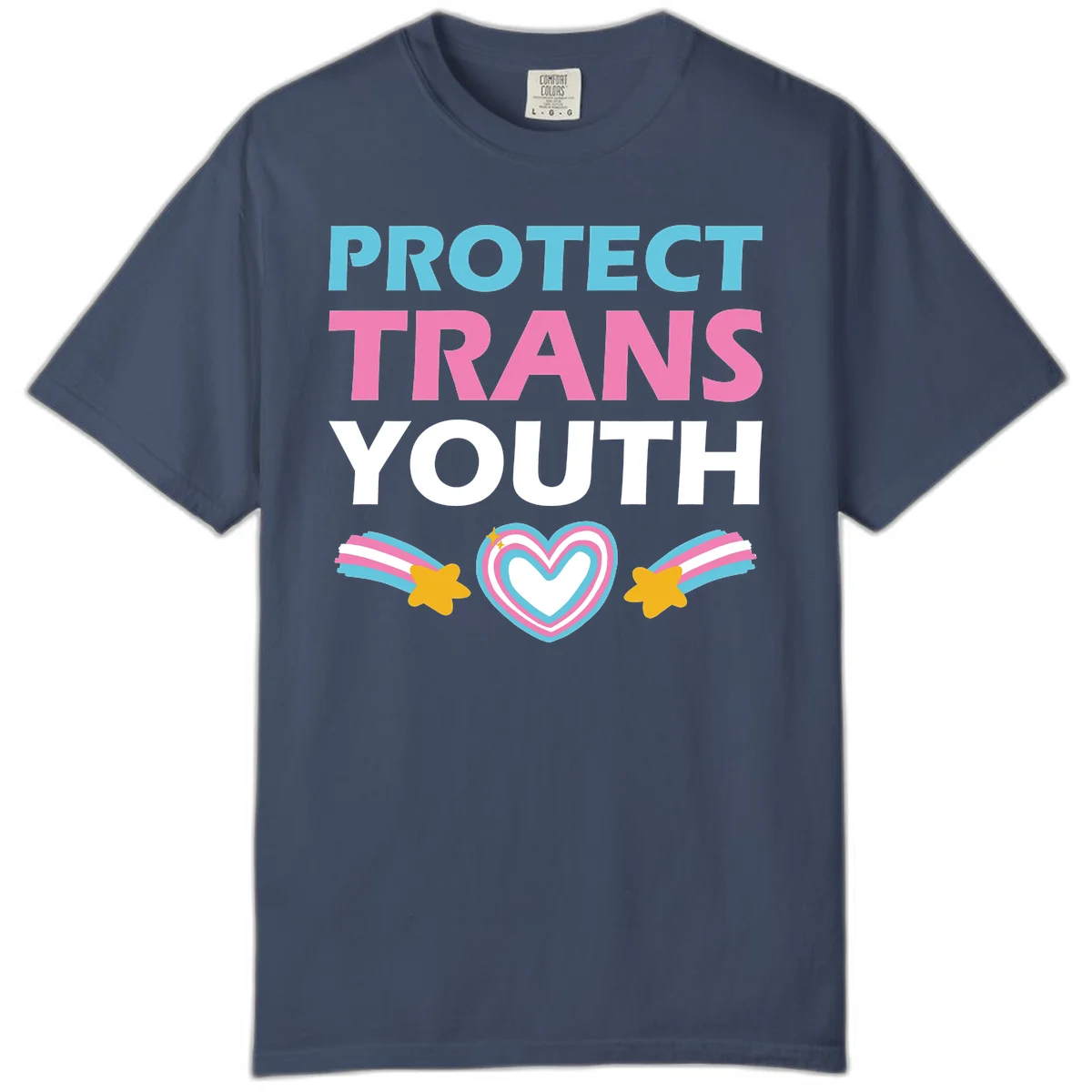 Protect trans youth design with cyan, pink, and white text, rainbow heart, and gold stars on gray background in Midnight