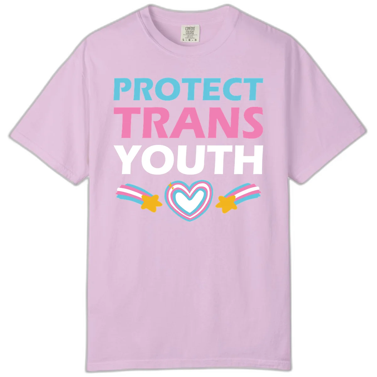 Protect trans youth design with cyan, pink, and white text, rainbow heart, and gold stars on gray background in Orchid