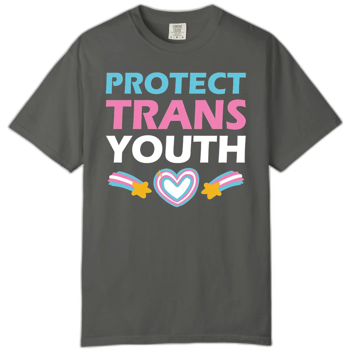 Protect trans youth design with cyan, pink, and white text, rainbow heart, and gold stars on gray background in Pepper