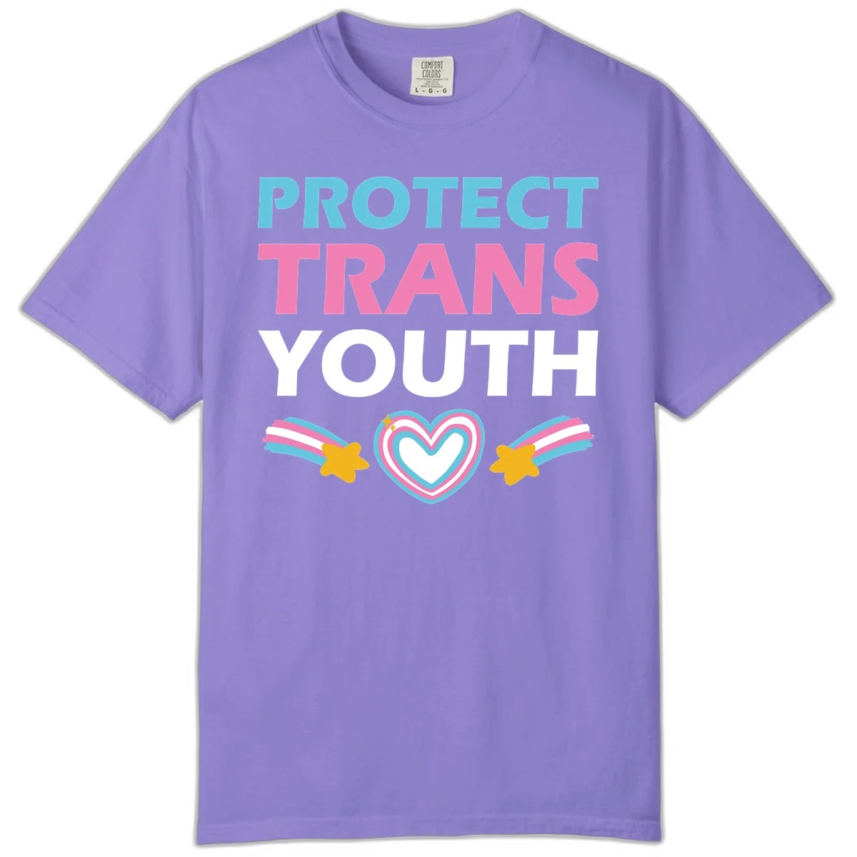 Protect trans youth design with cyan, pink, and white text, rainbow heart, and gold stars on gray background in Violet