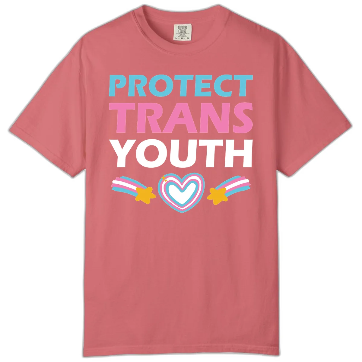 Protect trans youth design with cyan, pink, and white text, rainbow heart, and gold stars on gray background in Watermelon