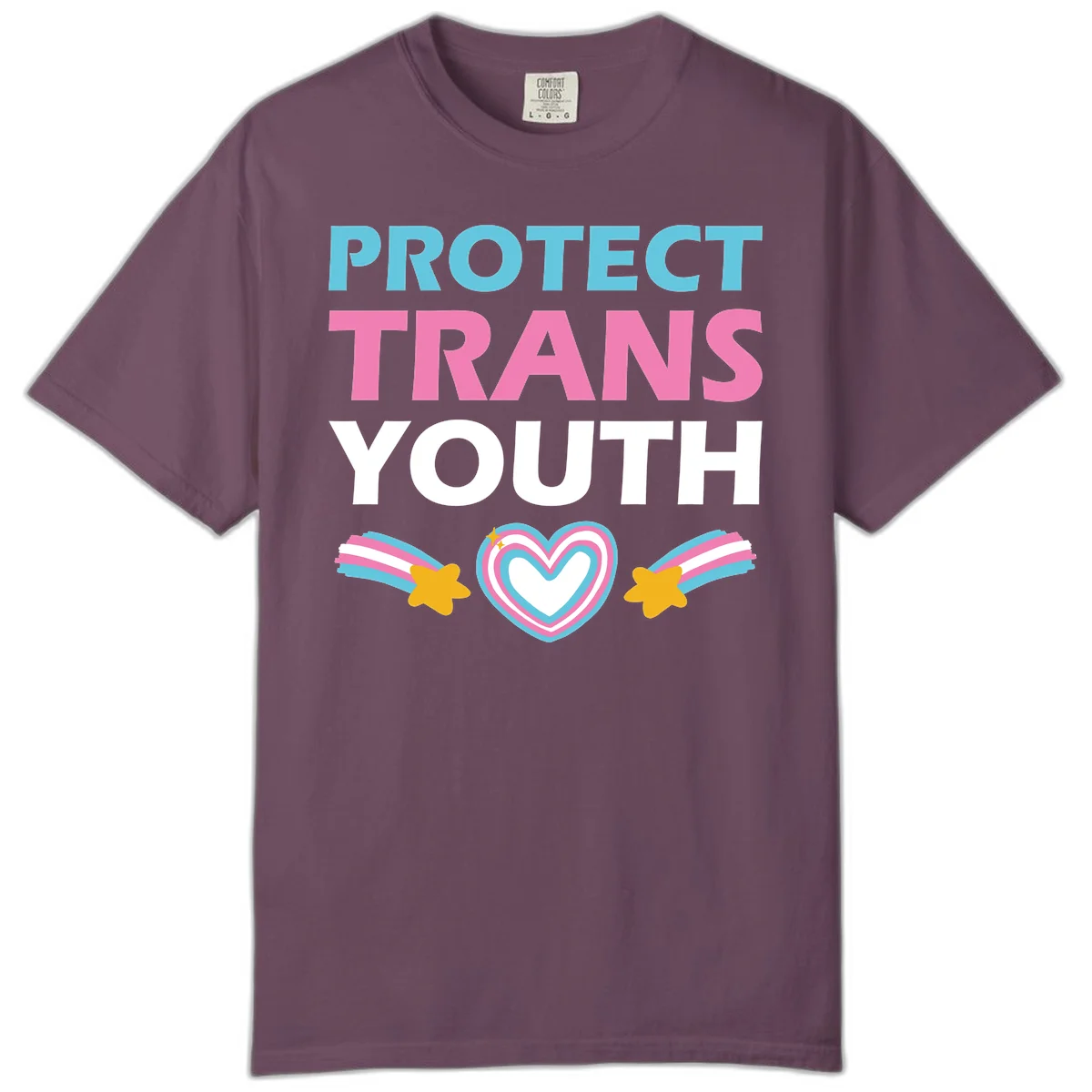 Protect trans youth design with cyan, pink, and white text, rainbow heart, and gold stars on gray background in Berry