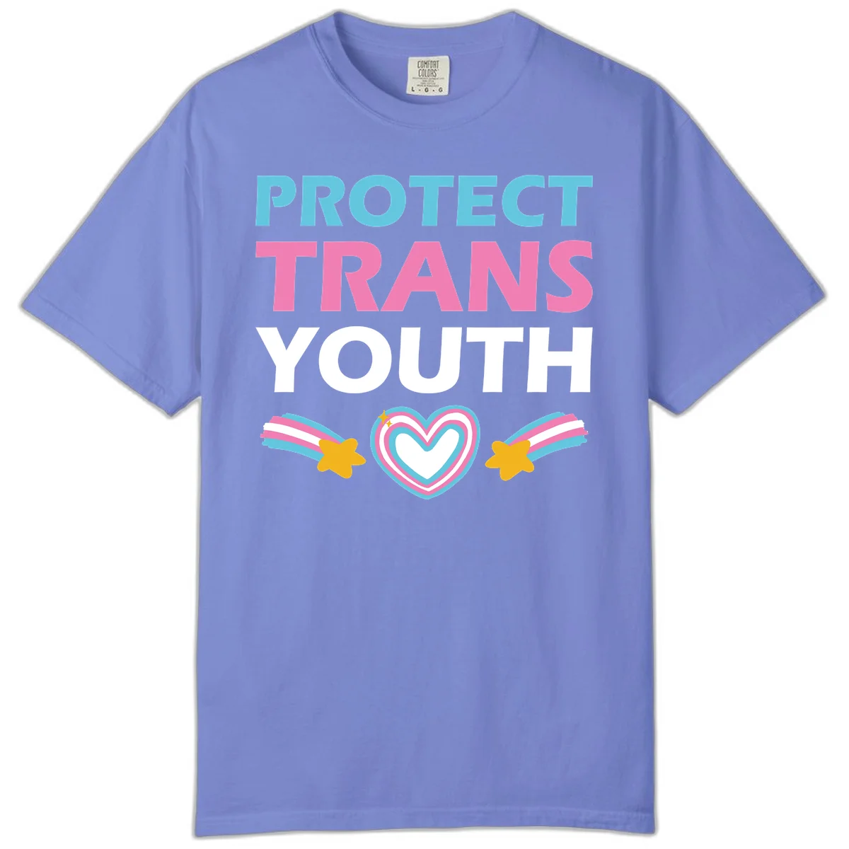 Protect trans youth design with cyan, pink, and white text, rainbow heart, and gold stars on gray background in Flo Blue