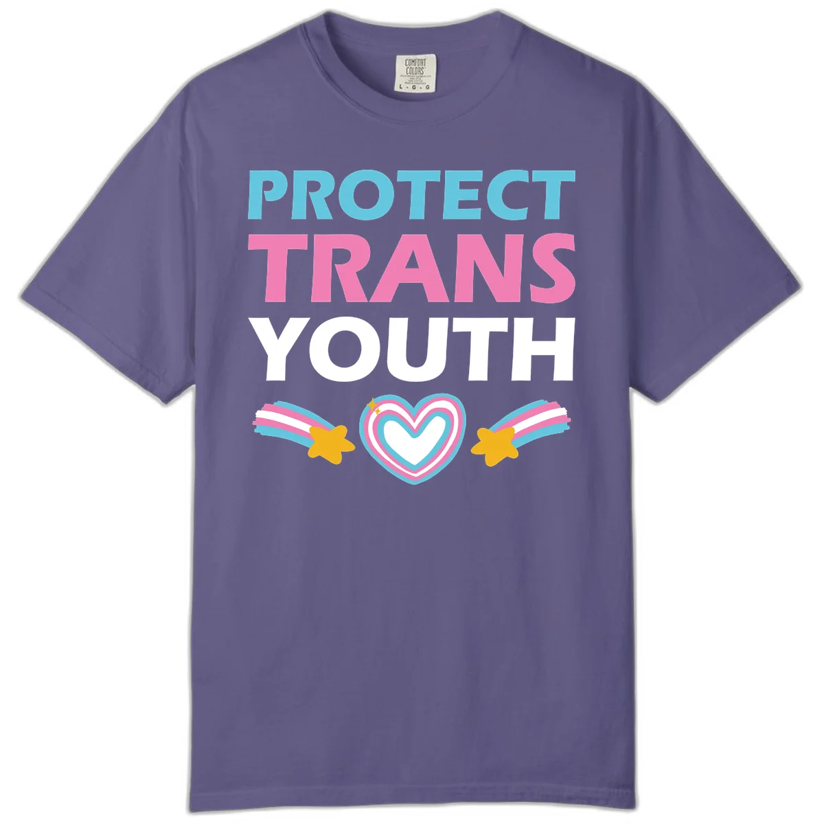 Protect trans youth design with cyan, pink, and white text, rainbow heart, and gold stars on gray background in Grape