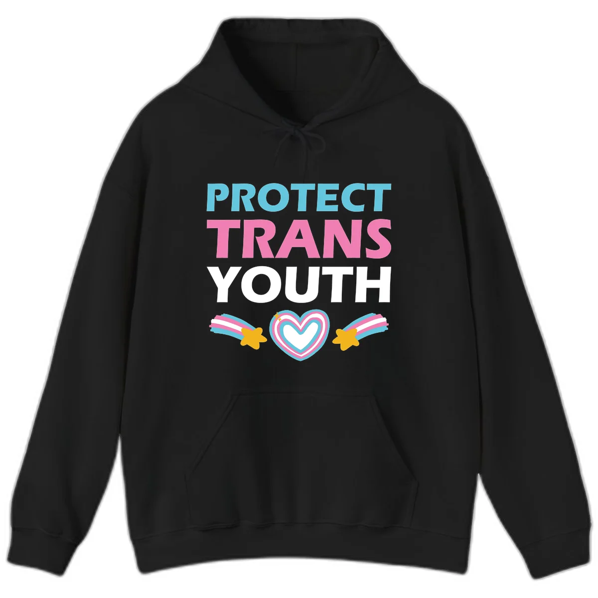 Protect trans youth design with cyan, pink, and white text, rainbow heart, and gold stars on gray background in Black