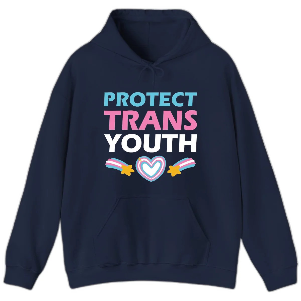 Protect trans youth design with cyan, pink, and white text, rainbow heart, and gold stars on gray background in Navy