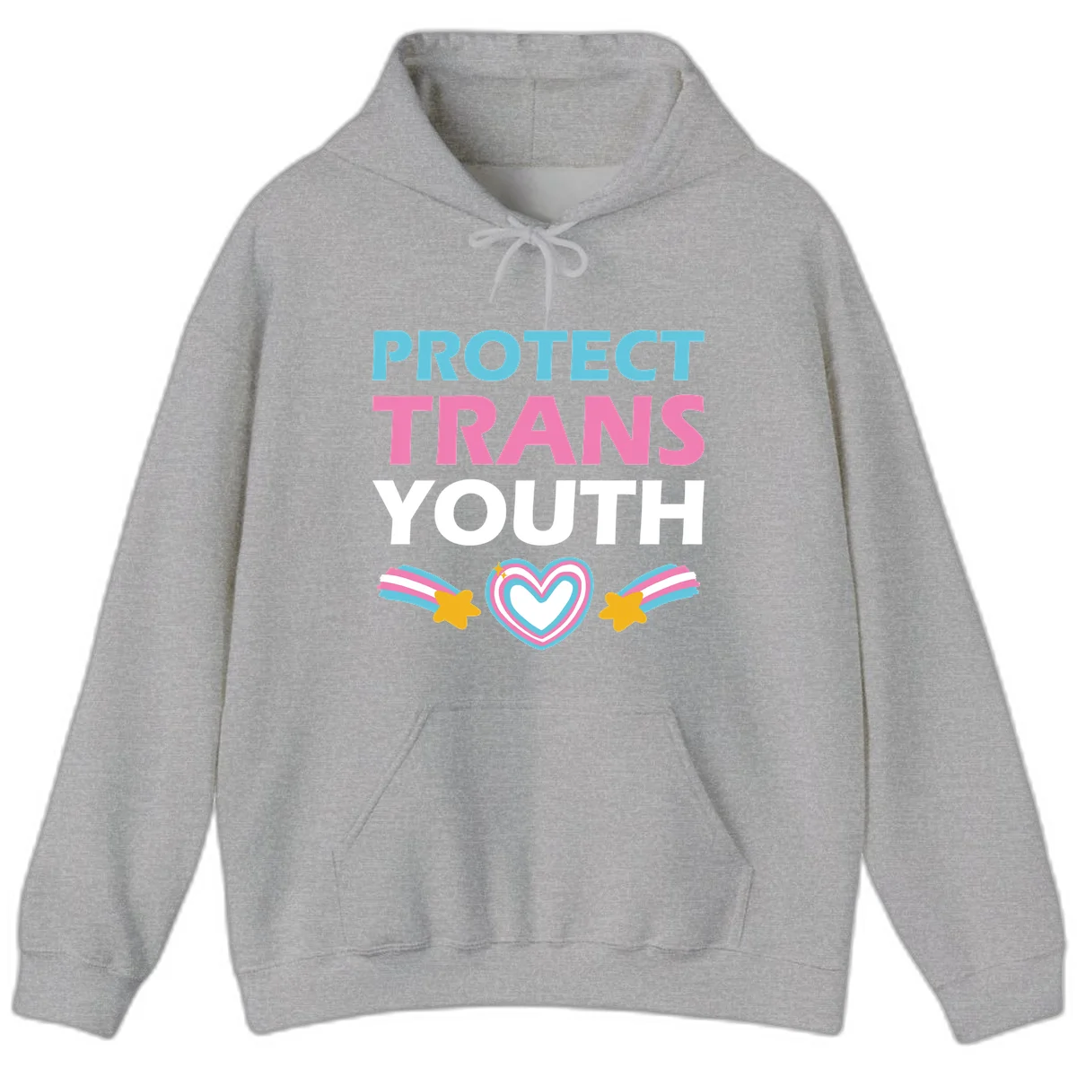 Protect trans youth design with cyan, pink, and white text, rainbow heart, and gold stars on gray background in Sport Grey