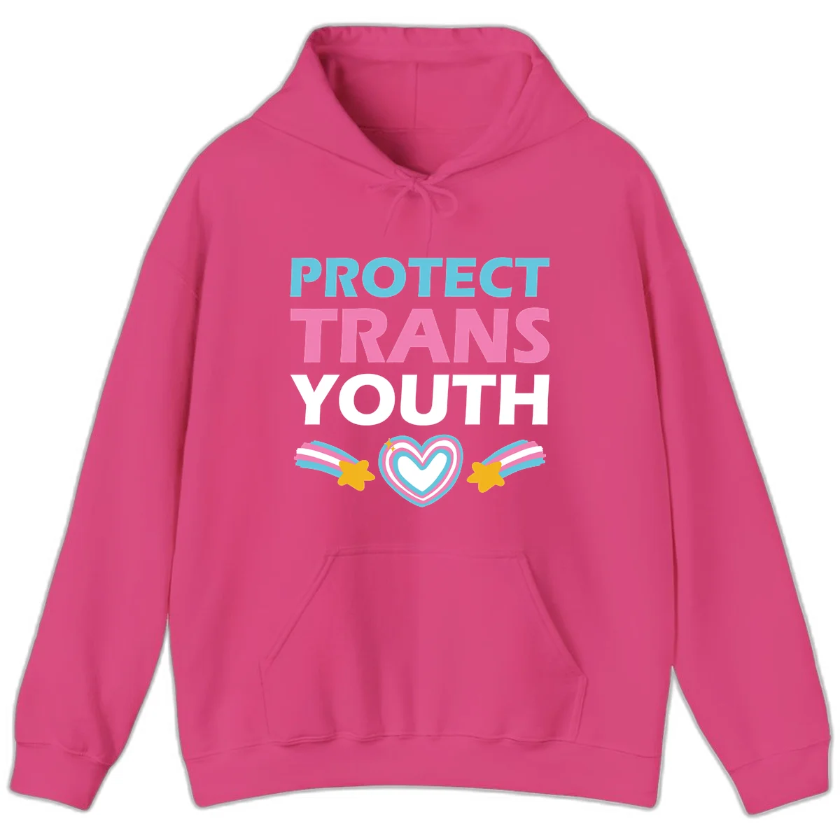 Protect trans youth design with cyan, pink, and white text, rainbow heart, and gold stars on gray background in Heliconia